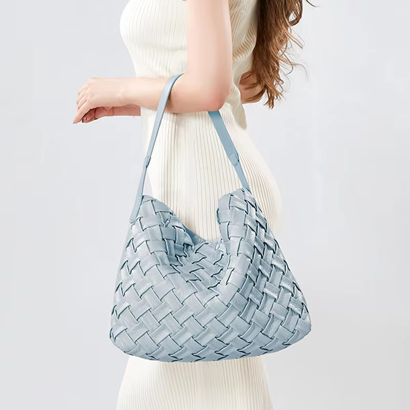 Woven Tote Bag Women Textured Pleated Soft PU Leather Large Capacity Shoulder Messenger Bags