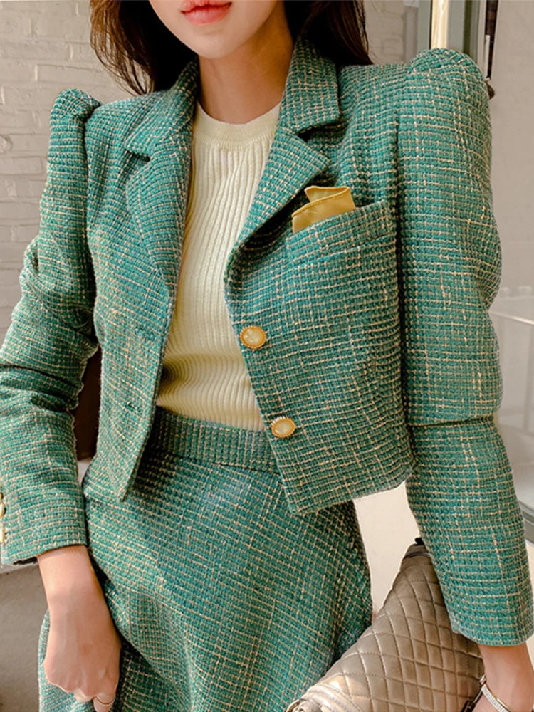 Fashion Women Office Outfit Stripe Vintage Lady Single Breasted Short Blazer Coat Suit Jacket High Waist Midi Skirt 2 Piece Sets 250213