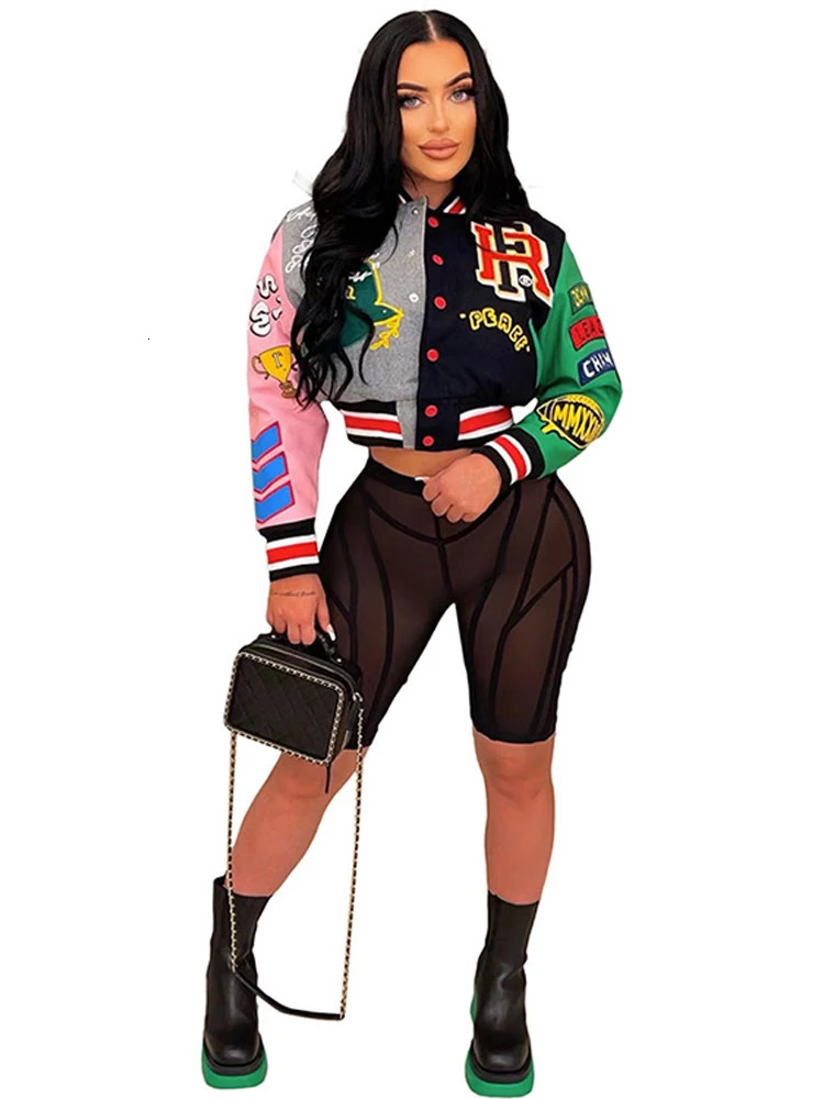 Racing Color Contrast Bomber Coat Women Printed Thread Letter Baseball Jacket Spring Single Breasted Cropped Y2K Streetwear 250213