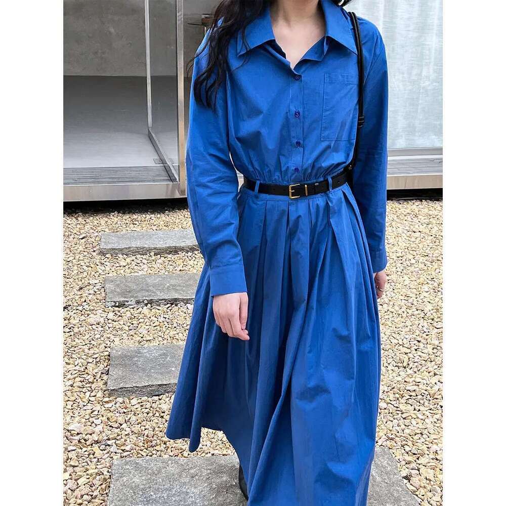 Women Spring Slimming Long Dress With A Cinched Waist Blue Polo Collar Shirt