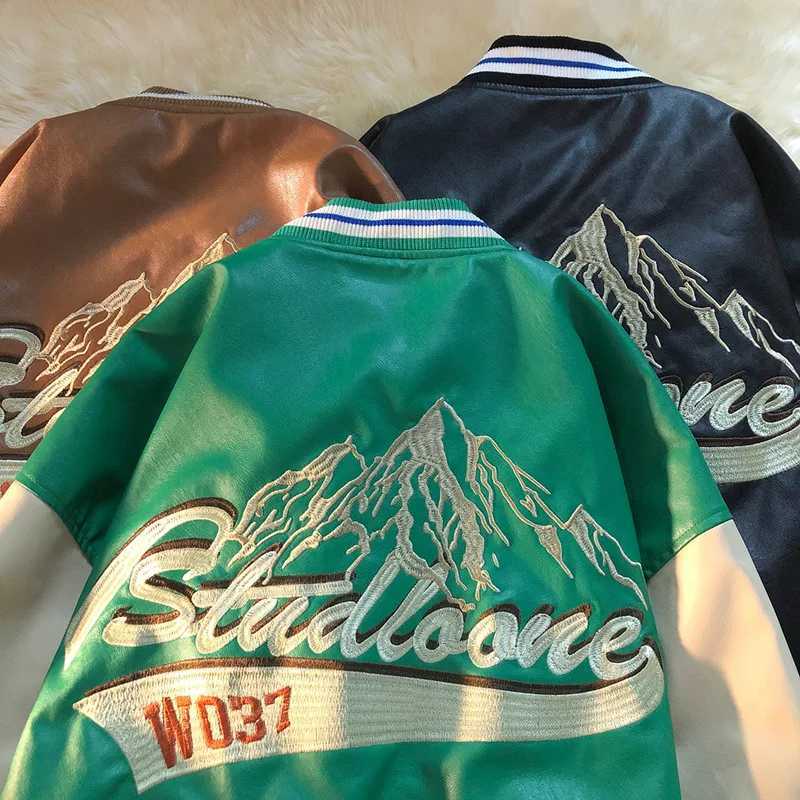Spring and Autumn New American Retro PU Leather Embroidered Jacket Mens Fashion Street Loose Color Matching Bomber Jacket X250213