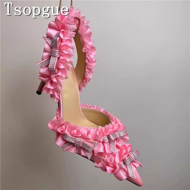 Design Rhie Bow Decoration Satin Pumps Women Elegant Pointed Toe Lace High Heels Sandals Bride Wedding Party Shoes