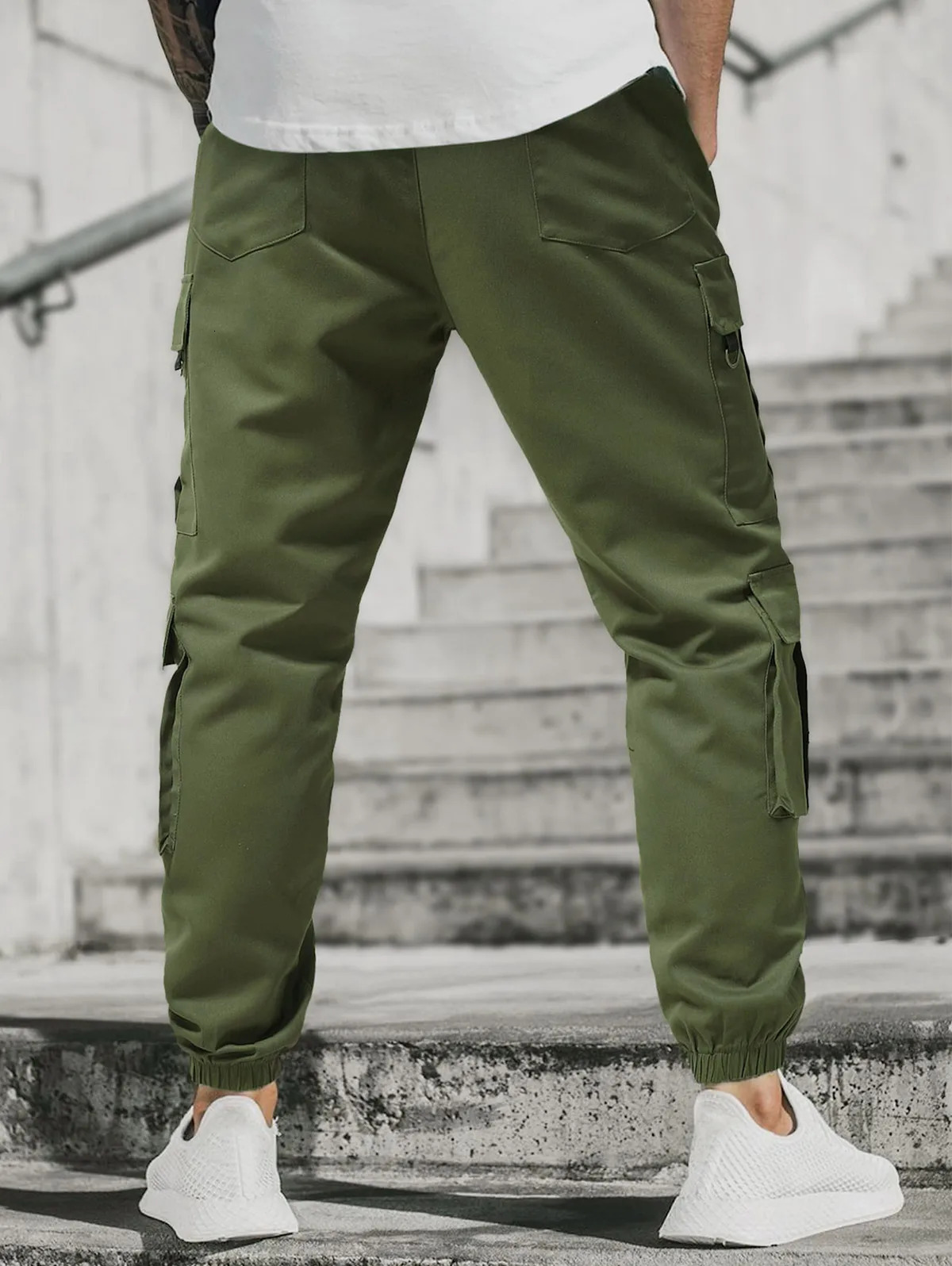 Mens Streetwear Solid Color Multipockets n Techwear Beam Feet Drawstring Cargo Pants 250122
