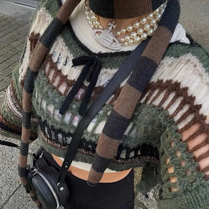 Y2k Hollow Out Pullovers Women Thin Summer Sexy Smock Outerwear Sweaters Harajuku Panelled Cropped Clothing American Retro Fit 250210
