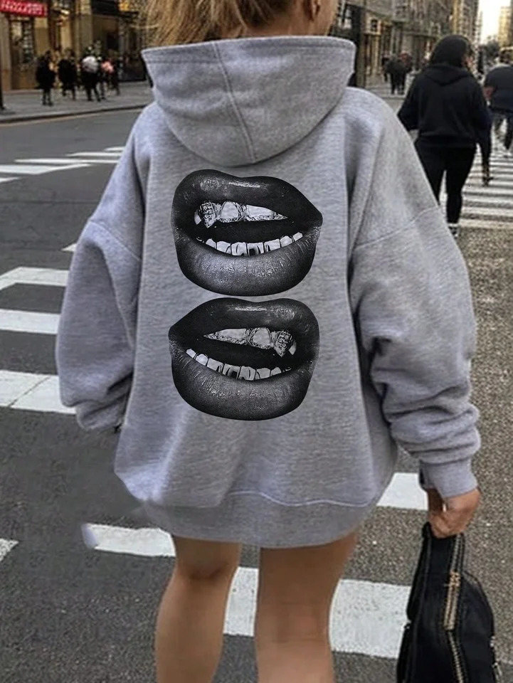 Women clothing hoodies Sexy lips print in hoodies sweatshirts clothes out door women clothes pullover street style 250213