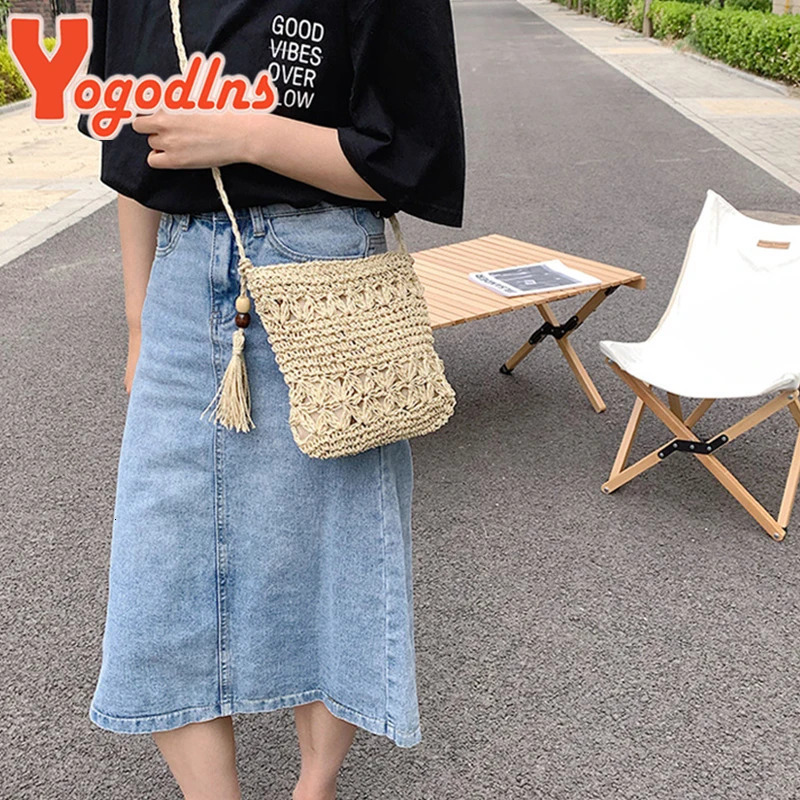 Yogodlns Bohemian Straw Bag Women Casual Travel Beach Bags Fashion Handmade Shoulder Bag Kintted Crossbody Bag Tassel Handbag 250207