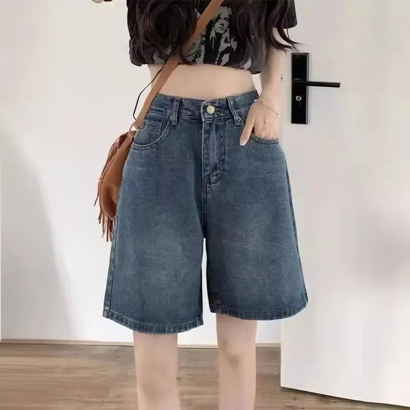 Korean Style Simplewashingdenim Womens High-Waisted Slimming Straight-Leg Wide-Leg Mid-Length Trendy Shorts Summer 250210