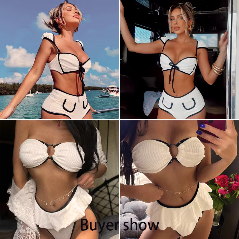 Ribbed Women Swimsuit Bandage Bikini Set Cut Swimwear Biquini High Waist Beach Wear Swim
