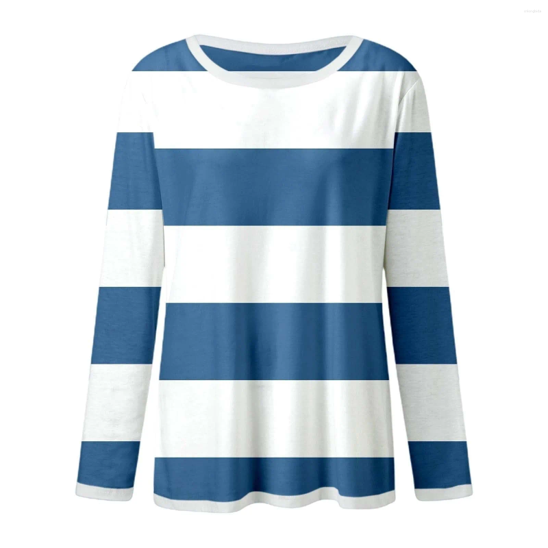 Womens T Shirts Women Striped Print Long Sleeve Blouse Autumn Round Neck Sweatshirt Casual Basic Tops Streetwear Pullover Shirt For