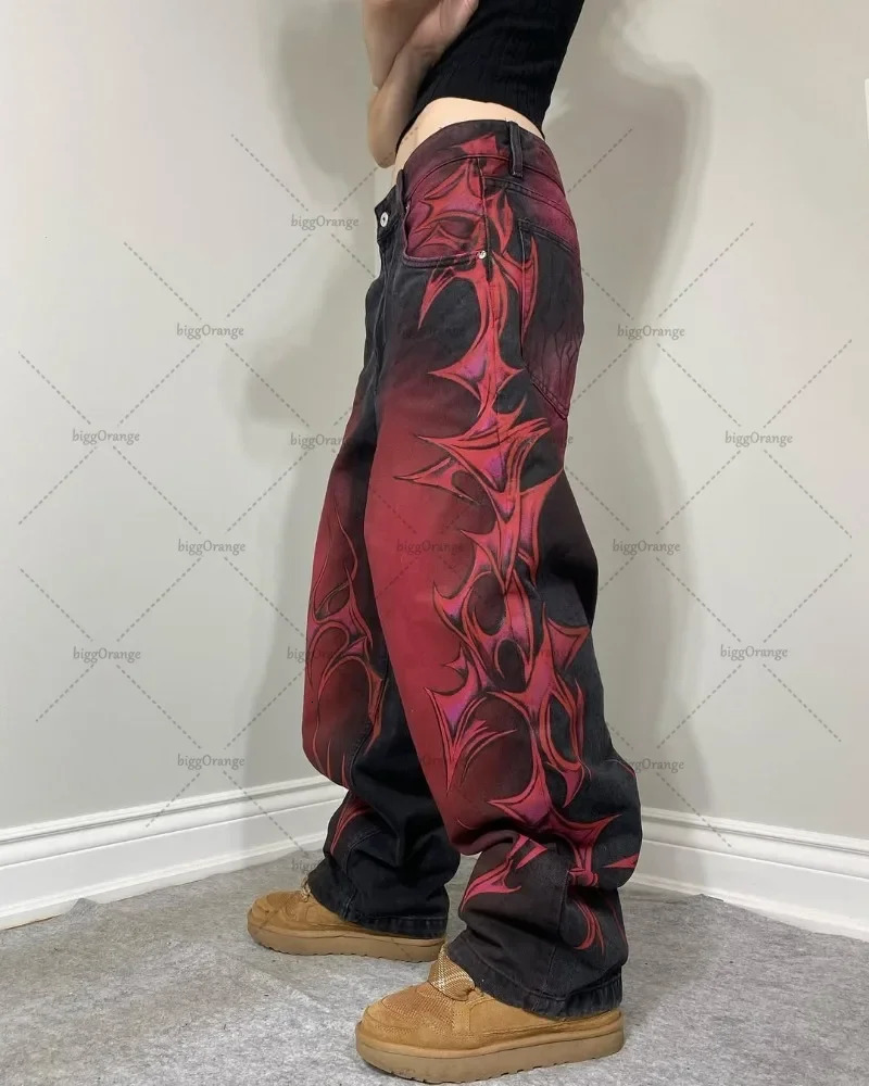Y2K Loose Gothic Punk Pattern Printed Jeans Street Clothing Hip Hop Straight Pants High Street Harajuku Retro Loose Casual Trousers 250210