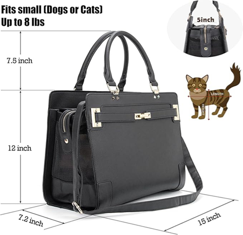 Fashion Pet Carrier Dog Cat Carrier Purse Waterproof Soft-Sided Leather Handbag Pet Tote Bag for Puppy Small Dogs and Cats TSA Airline Approved Black 