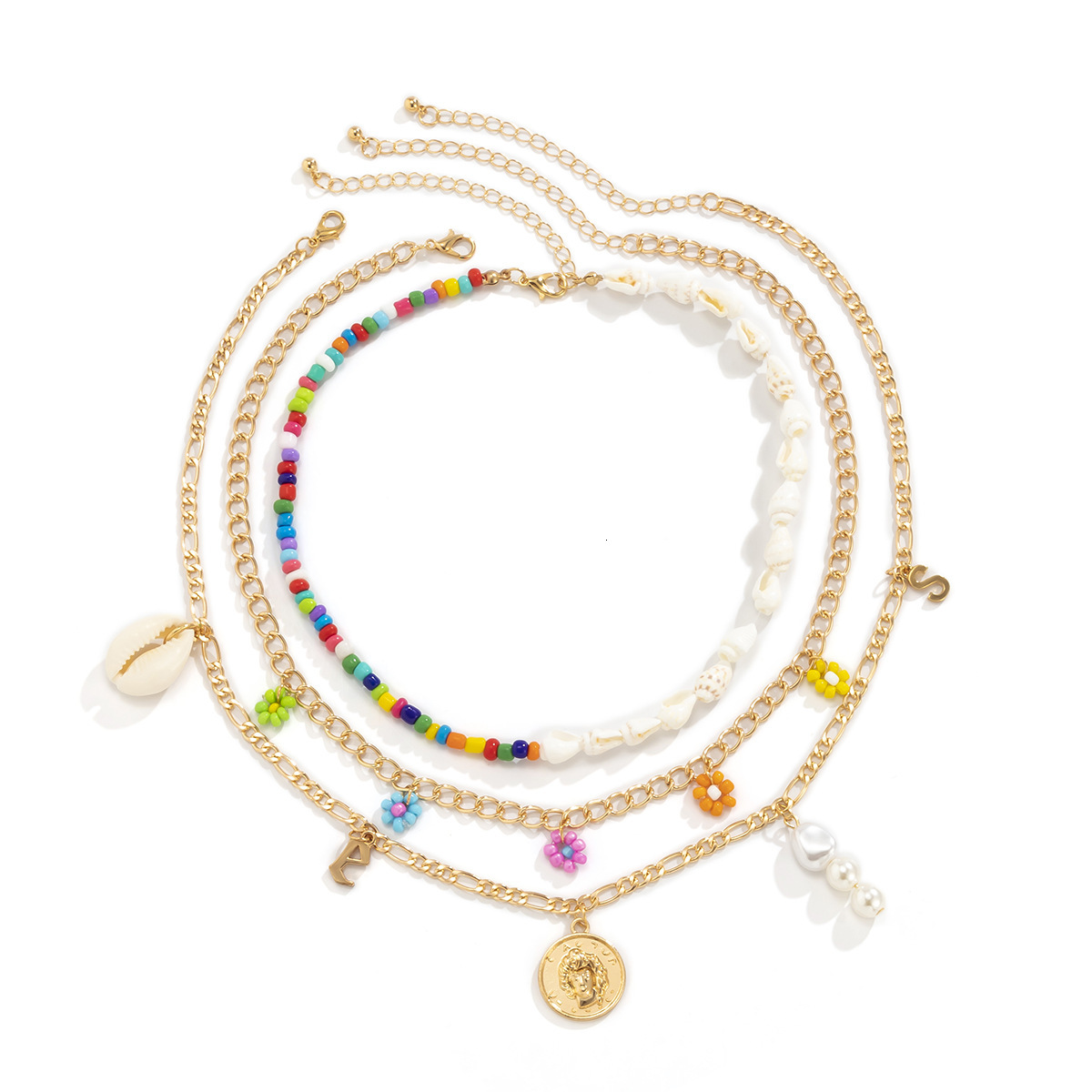 Countryside splicing asymmetrical shell imitation pearl geometric letters contrasting daisy rice bead designer necklace