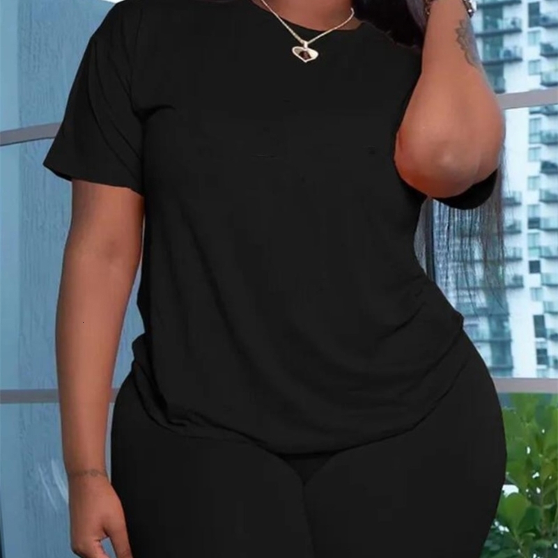 LW BASICS Plus Size Two Pieces Sets Round Neck Skinny Shorts Set 2024 IN Matching Summer Short Tshirt y250122