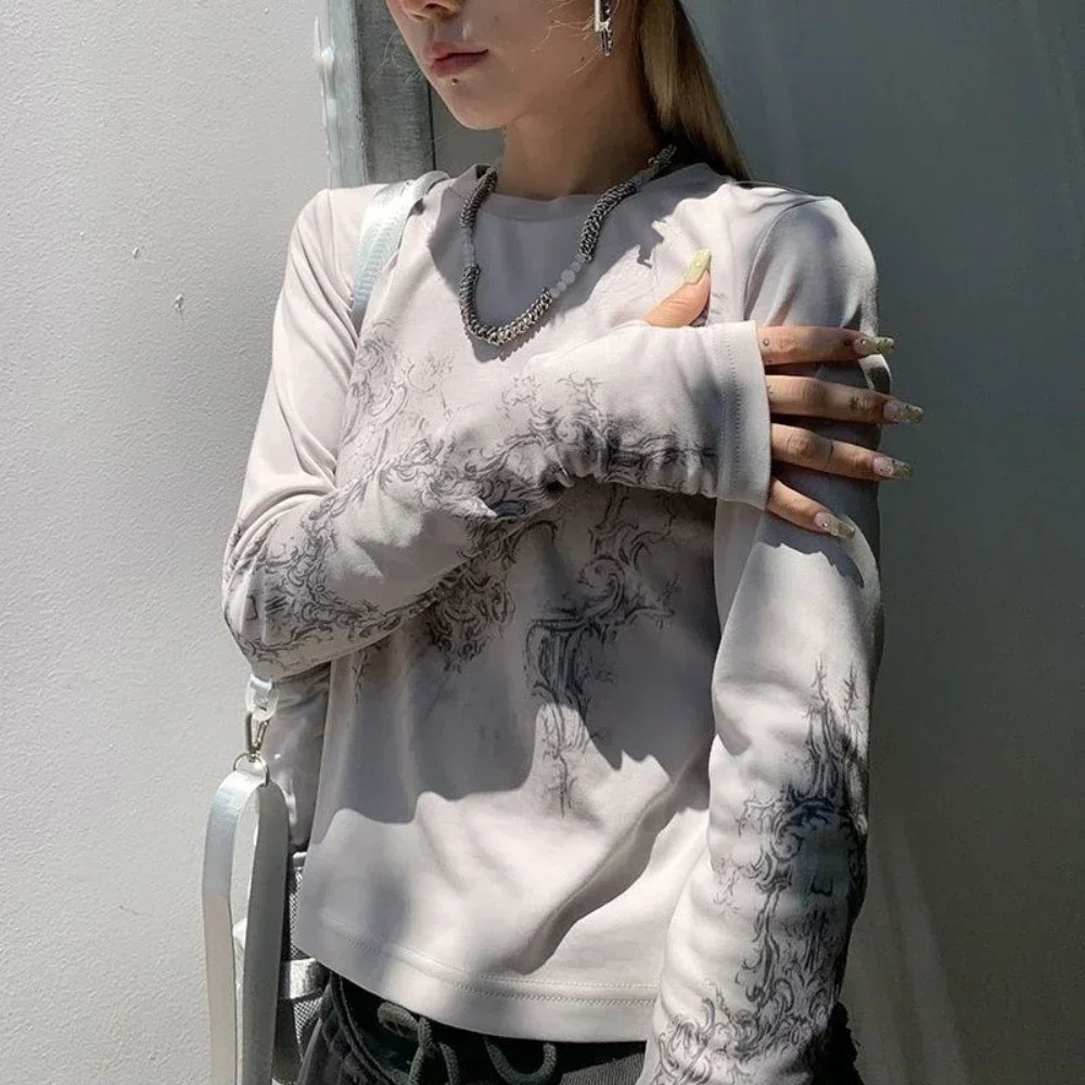 Vintage Women Clothes Y2K T-shirts Blouse O-neck Long Sleeve Print Tunic Woman Clothing Fashion Casual Crop Tops Shirts 250208
