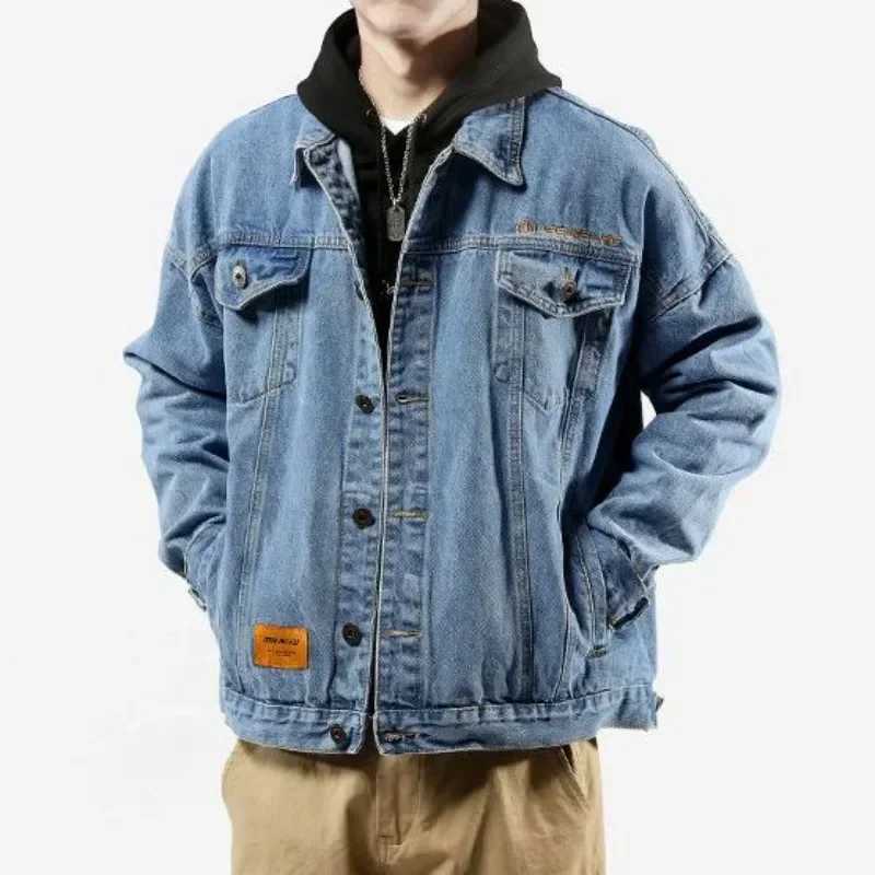 Blue With Embroidery Button Autumn Mens Denim Jacket Gray Male Jean Coats Low Price Elatic Loose Y2k Korea Cowboy X250213