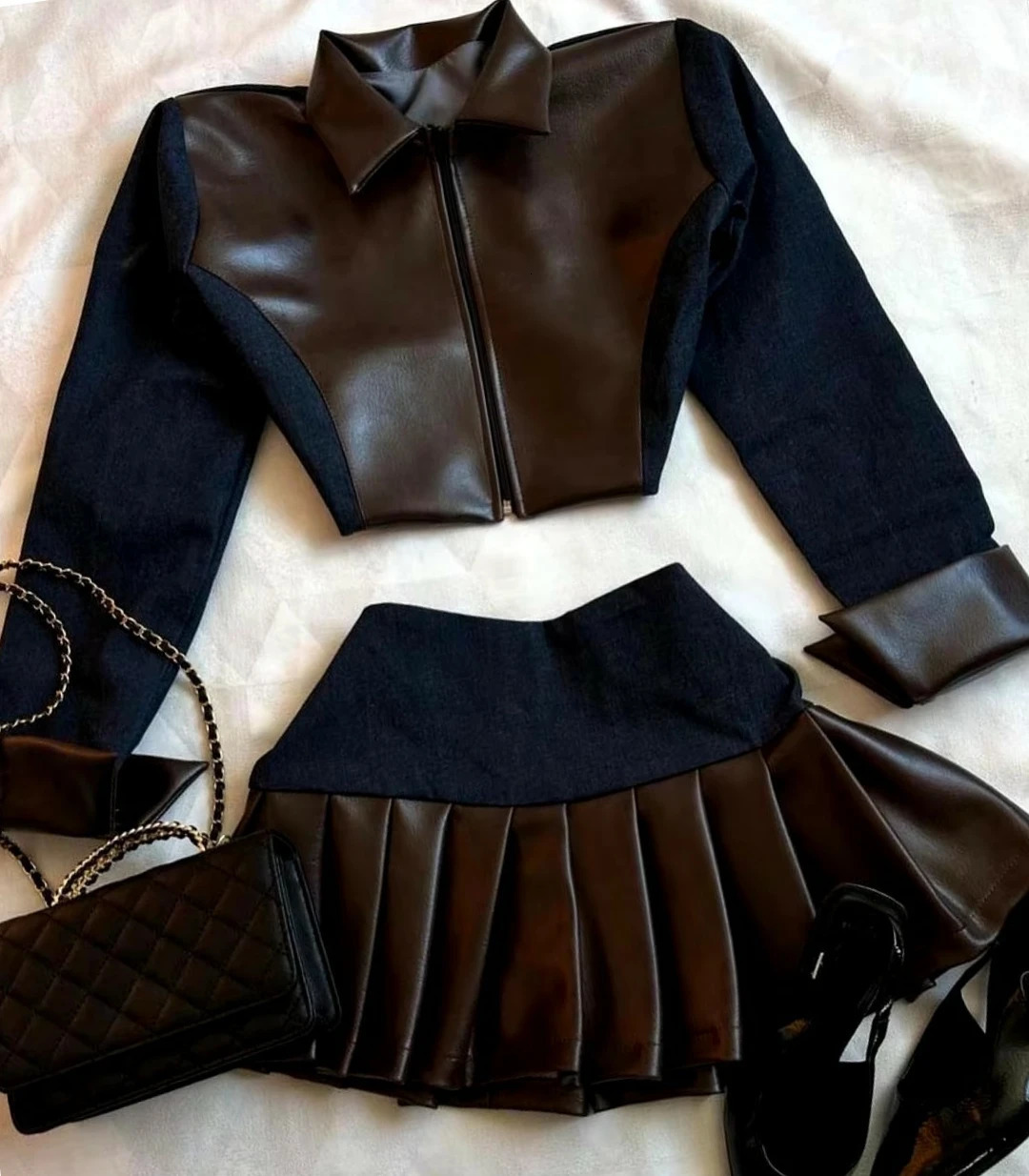 Y2K Denim Leather Splicing Two Piece Sets Women Goth Zipper Long Sleeved Jacket Harajuku tie Pleated Skirt Autumn Skirt Suit 250213