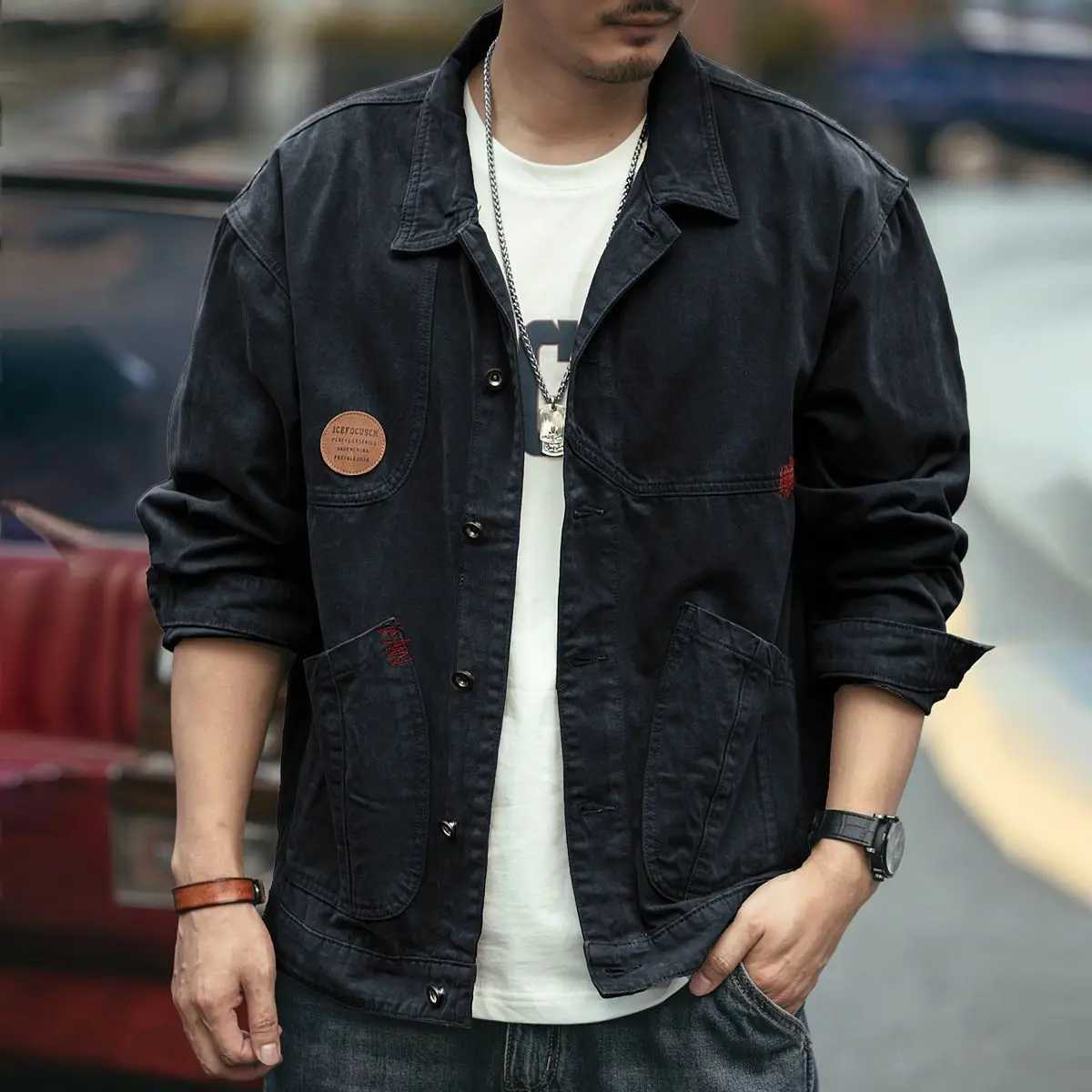 American style retro workwear mens spring trend fully matched denim jacket casual loose embroidered lapel patch work jacket X250213