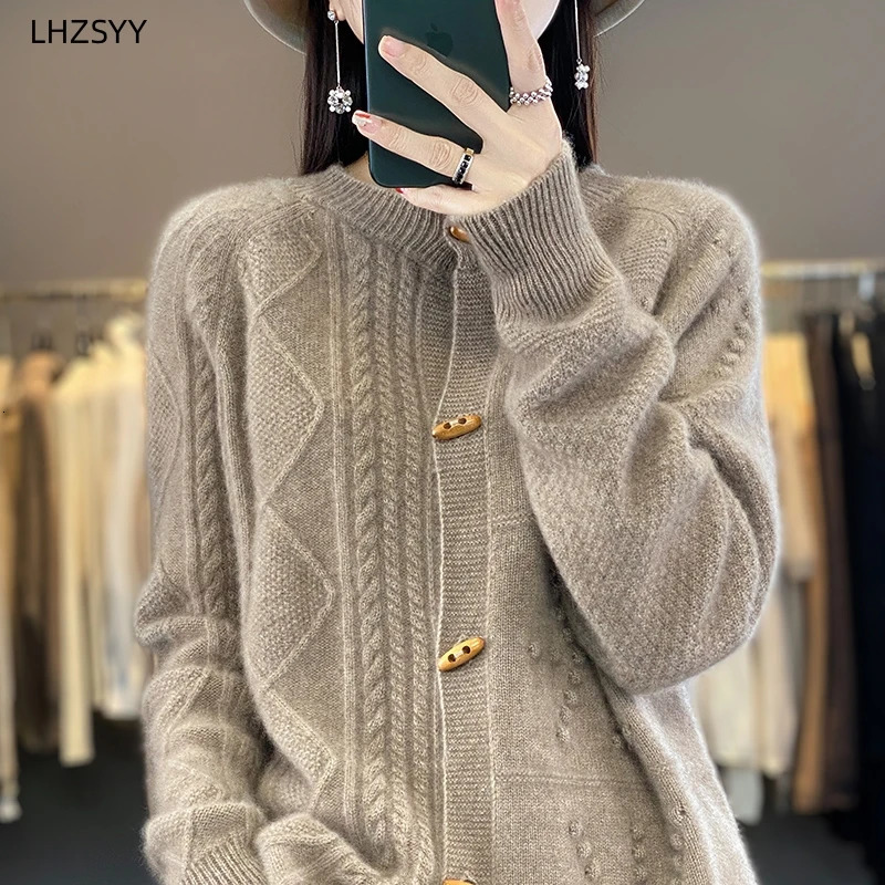 LHZSYY Fall/Winter 100%Pure Wool Cardigan Womens O-Neck Jacquard Coat Casual Large Size Sweater Warm Knit Top Female Jacket 250206