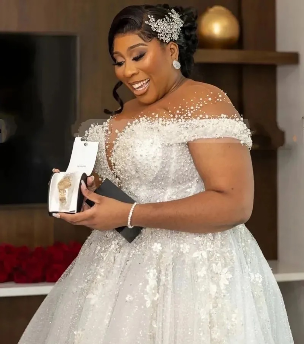Plus Size African Wedding Dress with Sheer Necklace Lace-Up Back and Beaded Sequin Detail