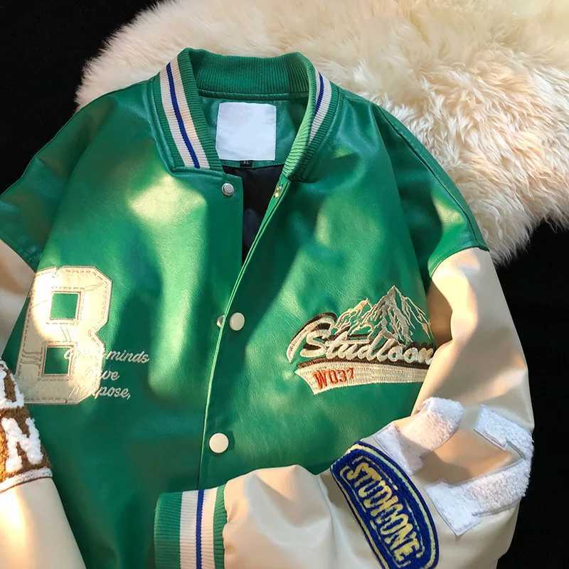 Spring and Autumn New American Retro PU Leather Embroidered Jacket Mens Fashion Street Loose Color Matching Bomber Jacket X250213