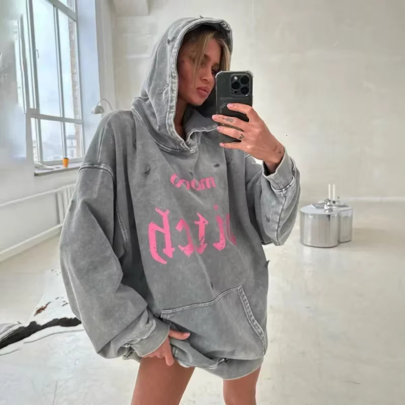 American Retro Alphabet Print Coat Men 2025 Goth Punk Haruku Street Hoodie Women Distressed Loose Sweatwear