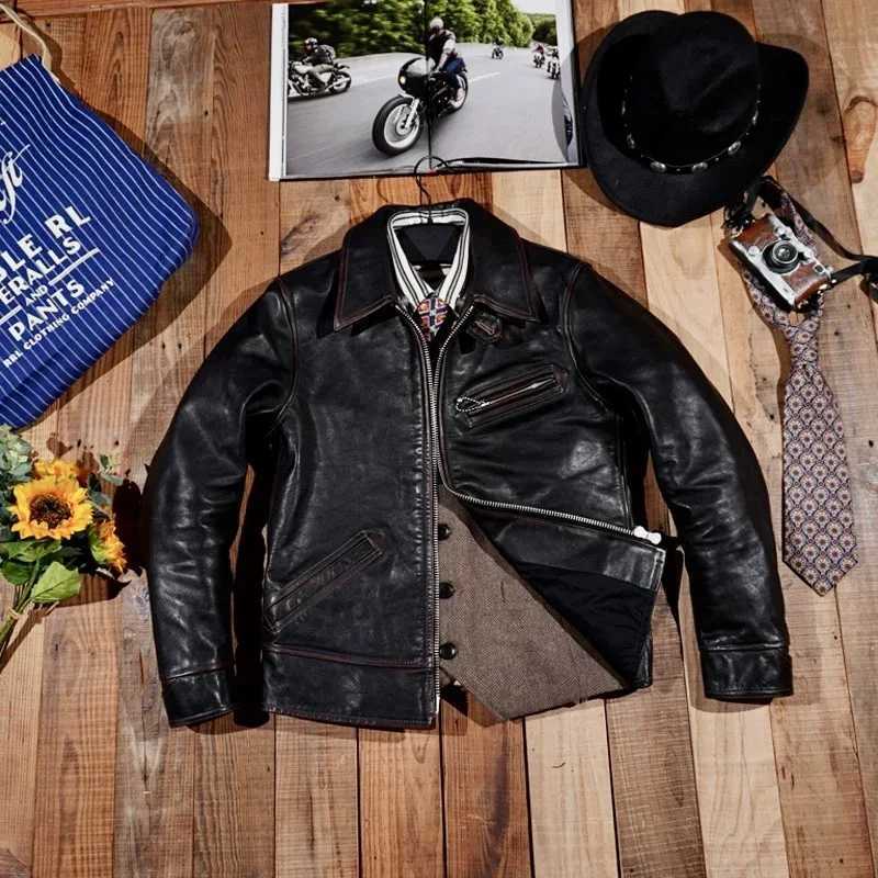 Classic Reproduction of 1930 S Tea Core Horse Leather Robe Motorcycle jacket Retro vintage American style Retro Amikaki Mens X250213