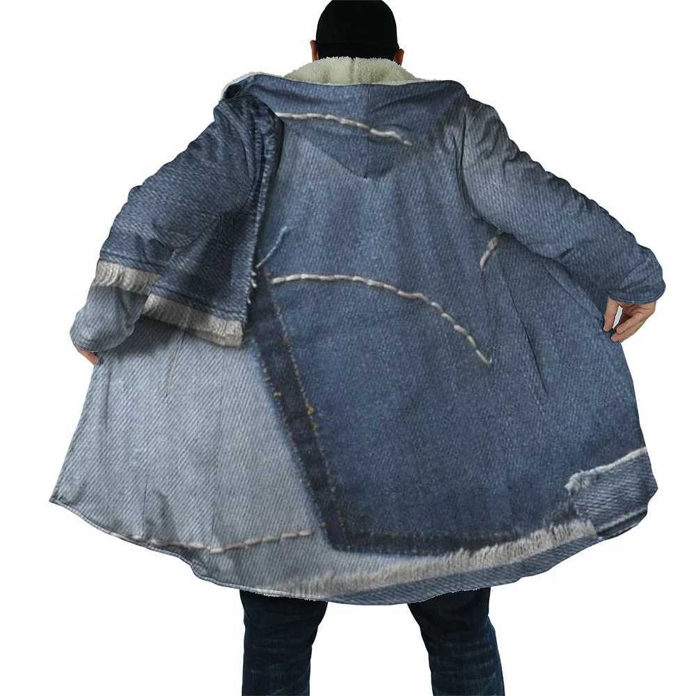 HX Winter Cape Fake Vintage Denim UK Flag Pocket 3D Printed Hooded Cloak for Men Windproof Fleece Hoodie Mens Coats Dropshipping X250213