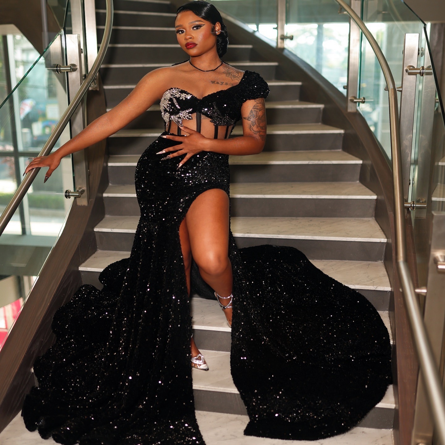 Aso Ebi 2025 Black Mermaid Prom Dresses Crystals Sequined High Split One Shoulder Evening Formal Party Second Reception Birthday Gowns Dress For Speci