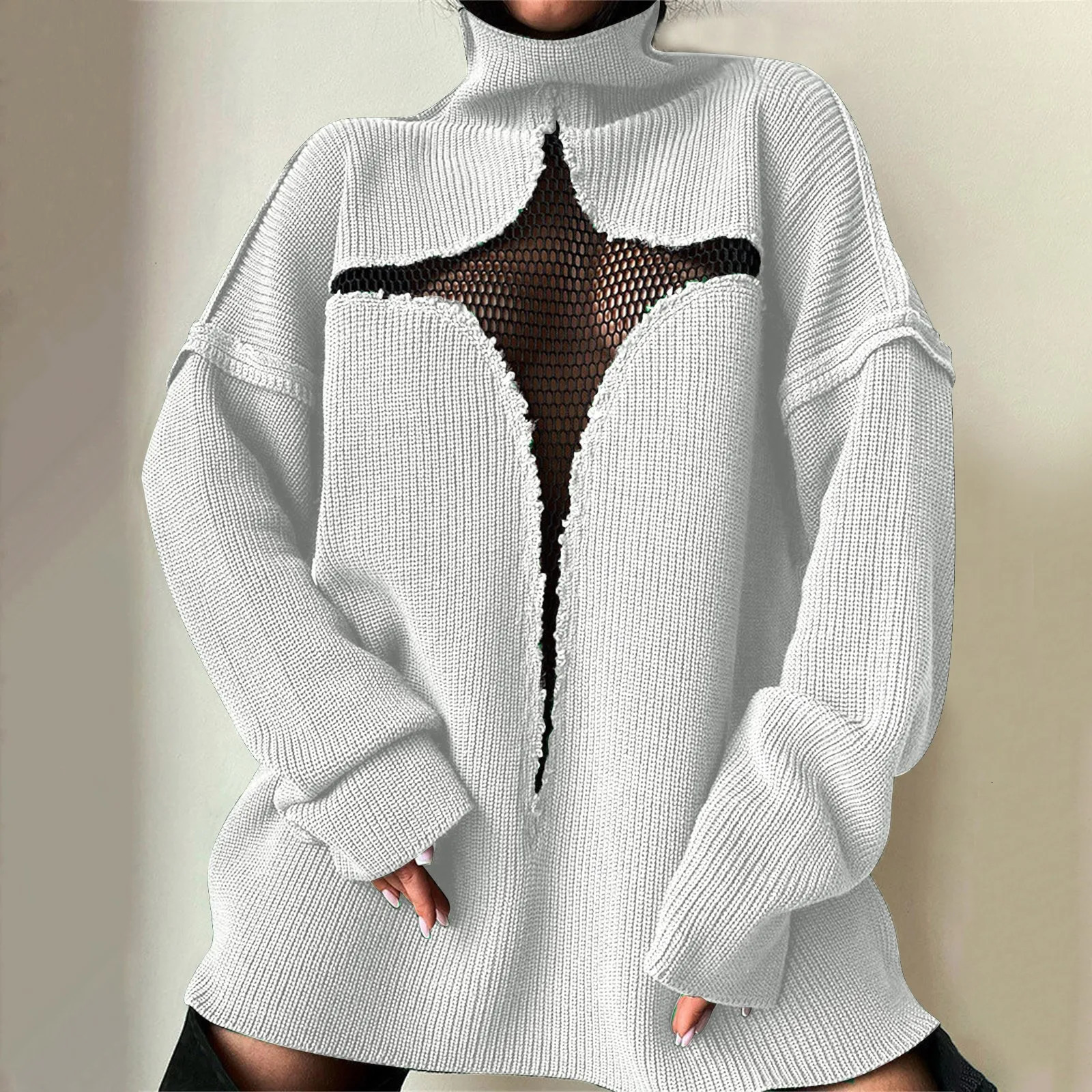 Womens Sexy Mesh Loose Knitted Hollow Pullover High Neck Sweater Autumn And Winter Jumper Knitwear Turtleneck Streetwear 250210