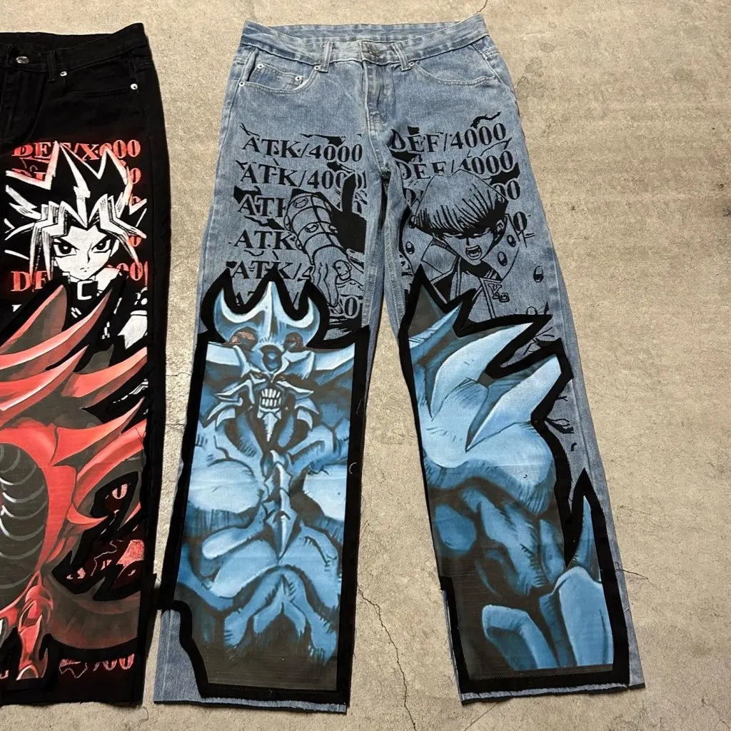 Harajuku anime printing bag jeans wide leg denim pants Y2K mens jeans street retro couple trouser mens clothing 250210
