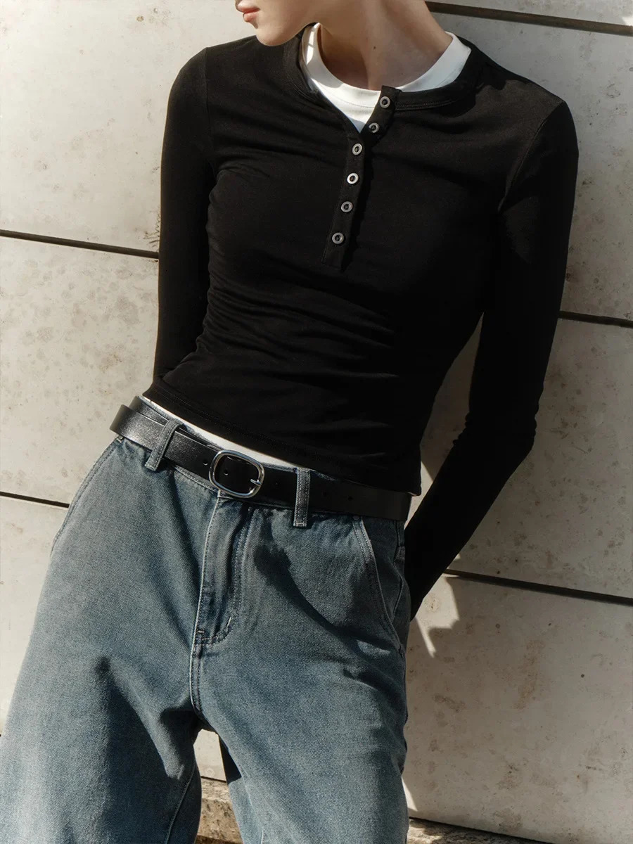 Bronladies Solid Color Slim Fit TShirt Womens Autumn Winter Versatile Casual Top Female Fashion ONeck Long Sleeved 250211