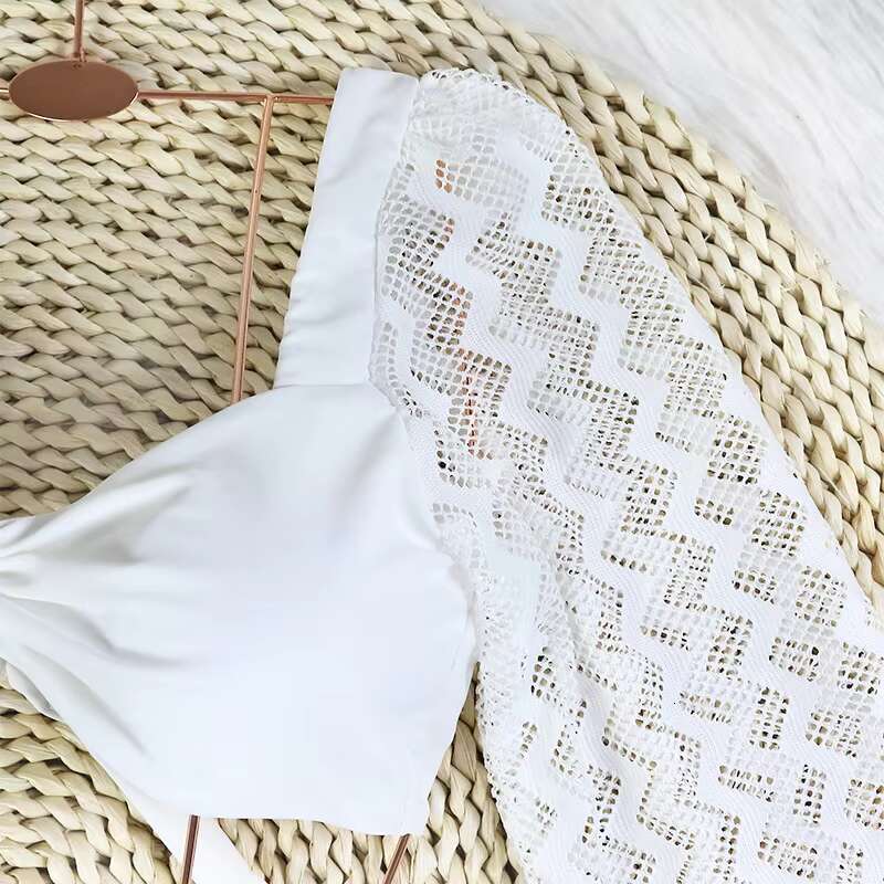 Two-Piece Swimwear Swimsuit Women Sexy Hollow Long Sleeves High Waist Bowknot Backless White Bikinis Set Bathing Suit Push Up