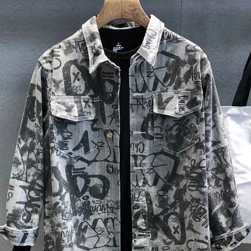 Mens Denim Jacket Long Shirt Wide Shoulders Fashion Male Jean Coats Sleeves Korean Popular Clothes Lxury Print Vintage Cowboy X250213