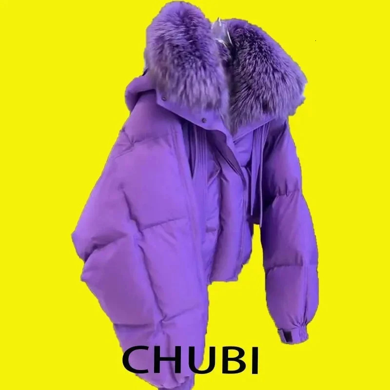 Oversized Purple Short Cotton Jacket Womens Winter With Large Fur Collar High-End Feel Including Bread Jackets Cotton Coat 250210