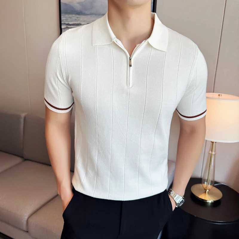 High Elastic Slim Fit Men Short Sleeve Knitted Polo Shirt 2024 Summer Light Thin Solid Striped Casual Lapel T-shirt Men Clothing X250213