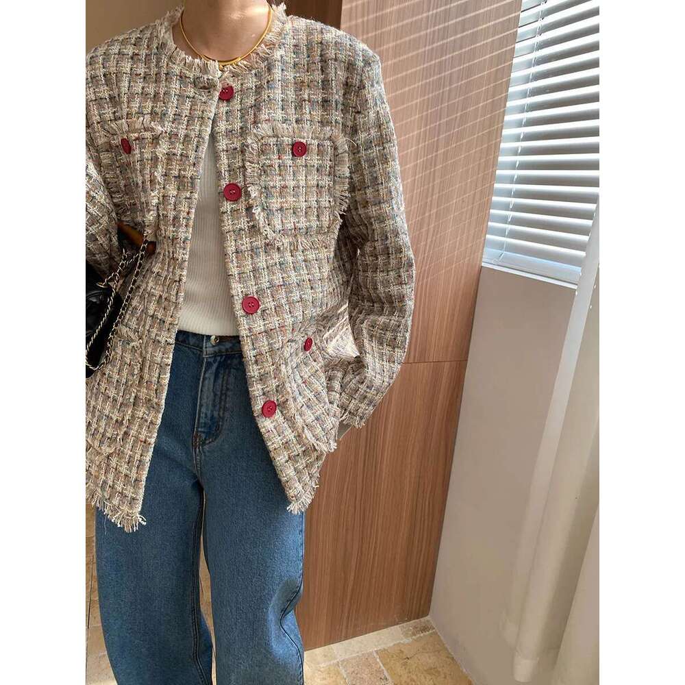 Red Button Long Tweed Jacket Spring Fall Tassel Trim Coat For Women