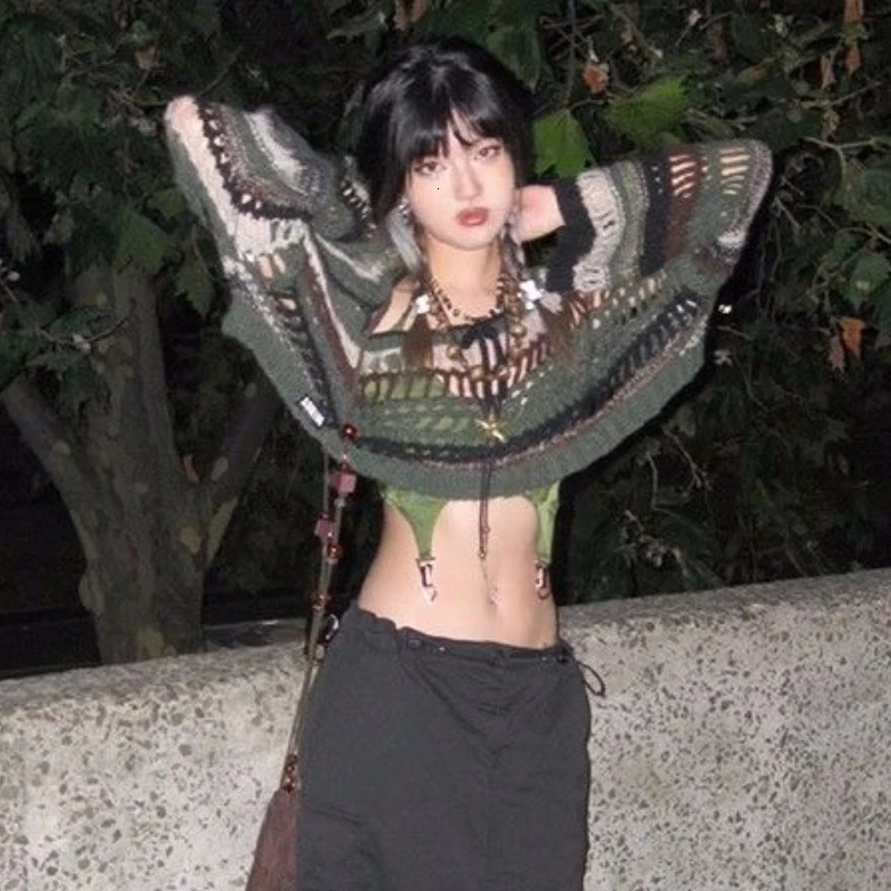 Y2k Hollow Out Pullovers Women Thin Summer Sexy Smock Outerwear Sweaters Harajuku Panelled Cropped Clothing American Retro Fit 250210