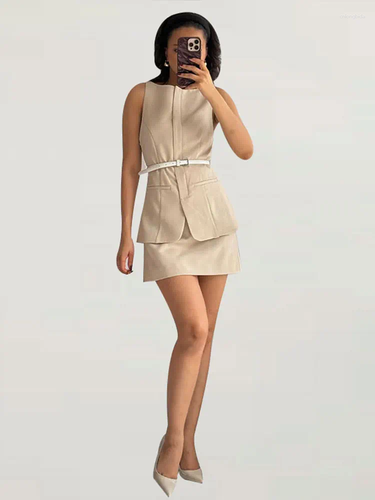 Casual Dresses Mini Skirt 2 Piece Sets Women Solid Slim O Neck Sleeveless Waistcoat With Belt A Line Summer Office Commute Outfit