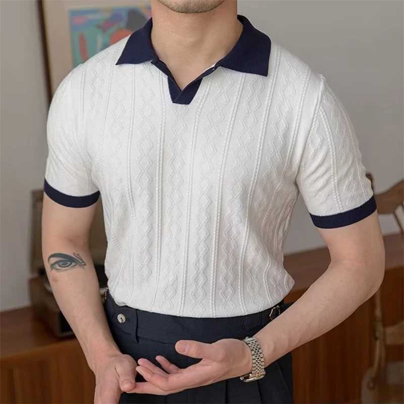 Luxury Rhomboid Crochet Polo Shirt Men Summer Slim Fit Knitwear Casual Polo Collar Shirts Short Sleeve Mens Fashion New T-shirts X250213