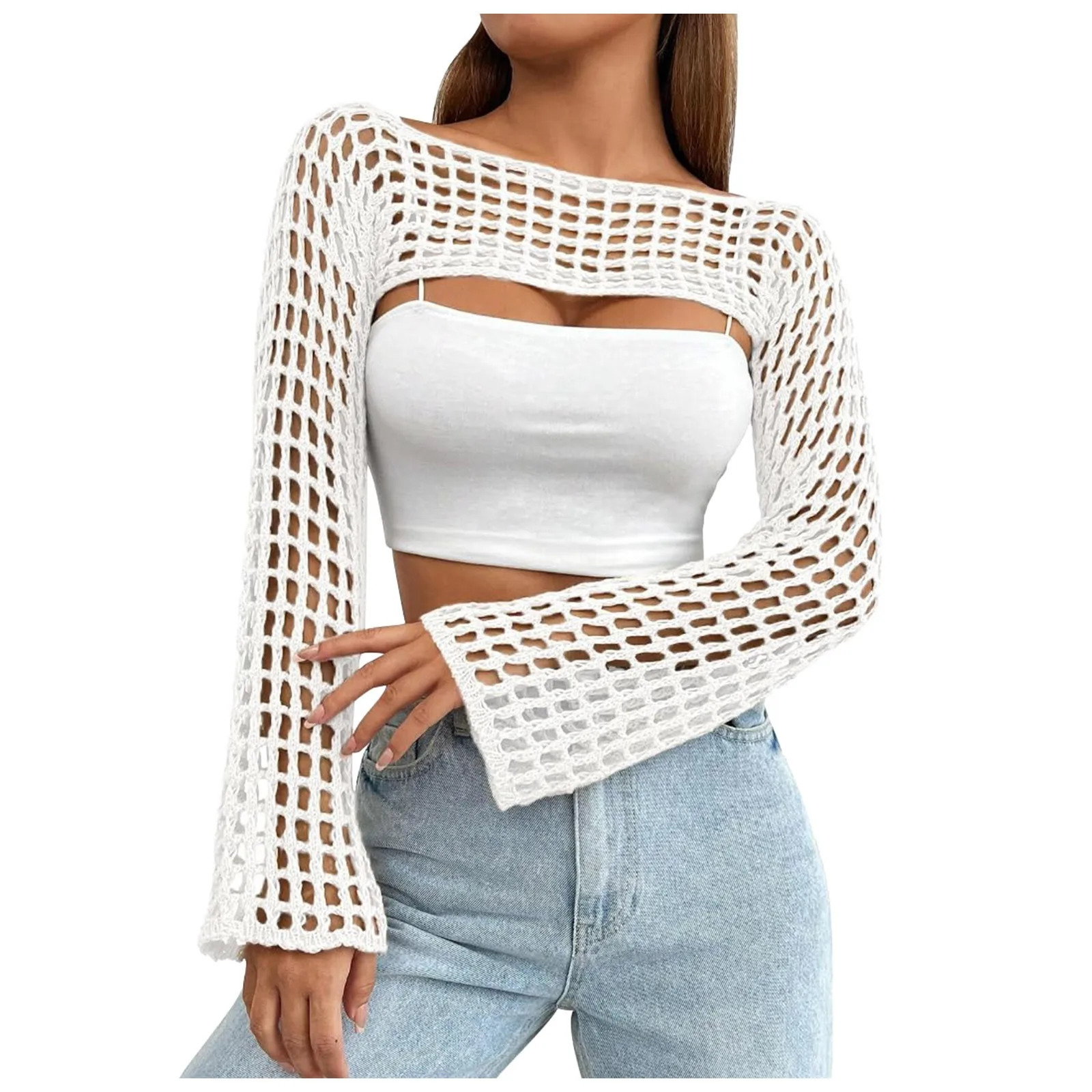 European Womens Knitted Sweater Korean Fall Sexy Cutout See Through Y2k Knitwear Autumn Long Sleeve Ultra Short Casual Pullover 250210