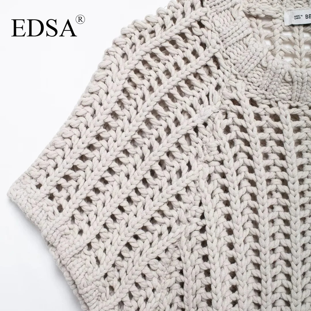EDSA Women Chunky Knit Top with Side Straps O-Neck Short Sleeves Hollow Out Cropped Sweater Pullover for Casual Female 250210