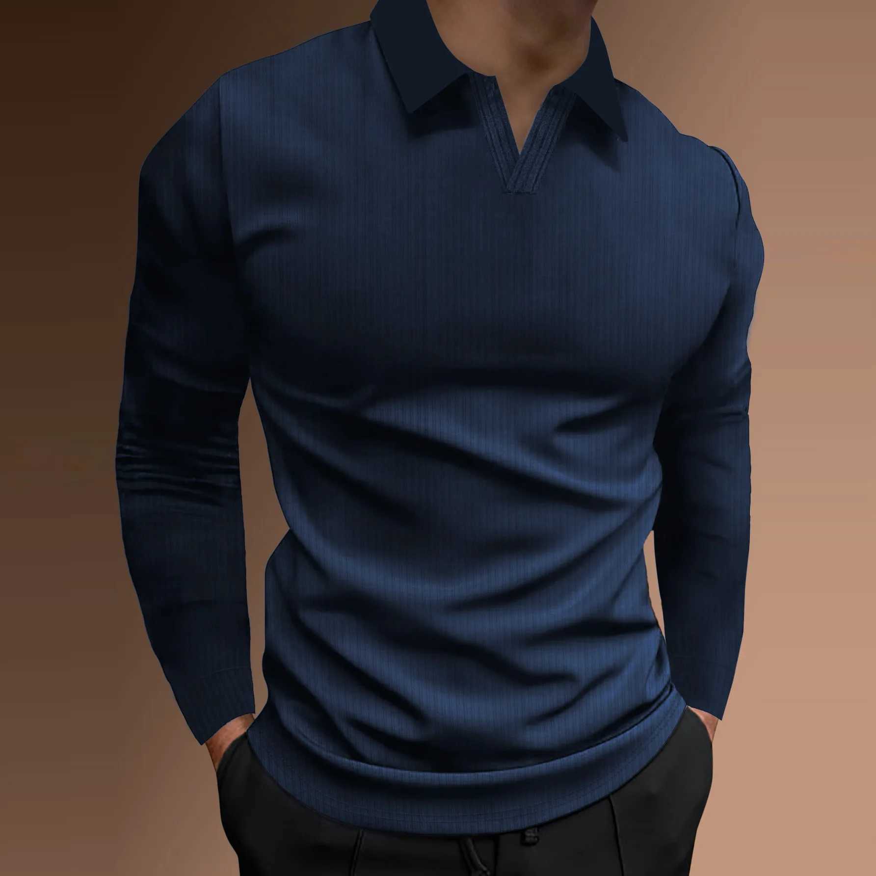 Mens New Autumn Fitness Business Casual Standing Collar Long Sleeve Vertical Strip V-neck Polo Shirt X250213