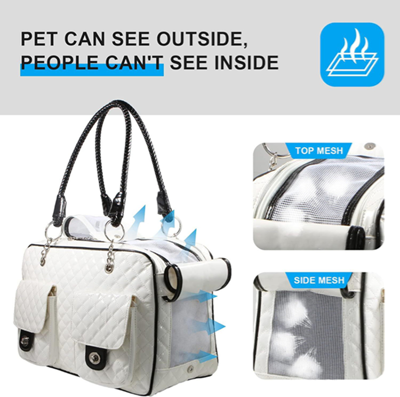 Luxurious Pet Carrier, Small Dog Carrier Two Snack Pockets, Waterpro of Shiny Leather Cats Carrying Handbag with Breathable Mesh for 8 LBS Dogs White 