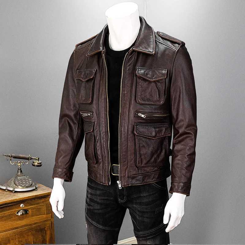Retro reddish brown autumn leather jacket mens hunting style Plus size 6XL natural denim four pocket leather coat X250213