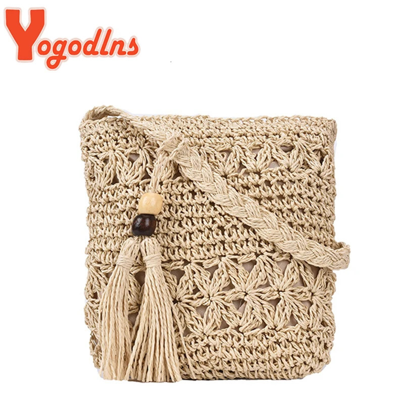 Yogodlns Bohemian Straw Bag Women Casual Travel Beach Bags Fashion Handmade Shoulder Bag Kintted Crossbody Bag Tassel Handbag 250207