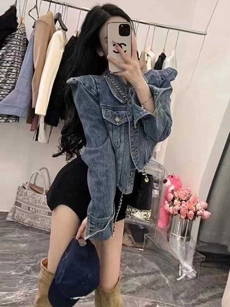 American Vintage Cropped Jackets Women Denim Chic Design Hip Hop Streetwear Young Slim Outwear Long Sleeve New Spring Popular X250213