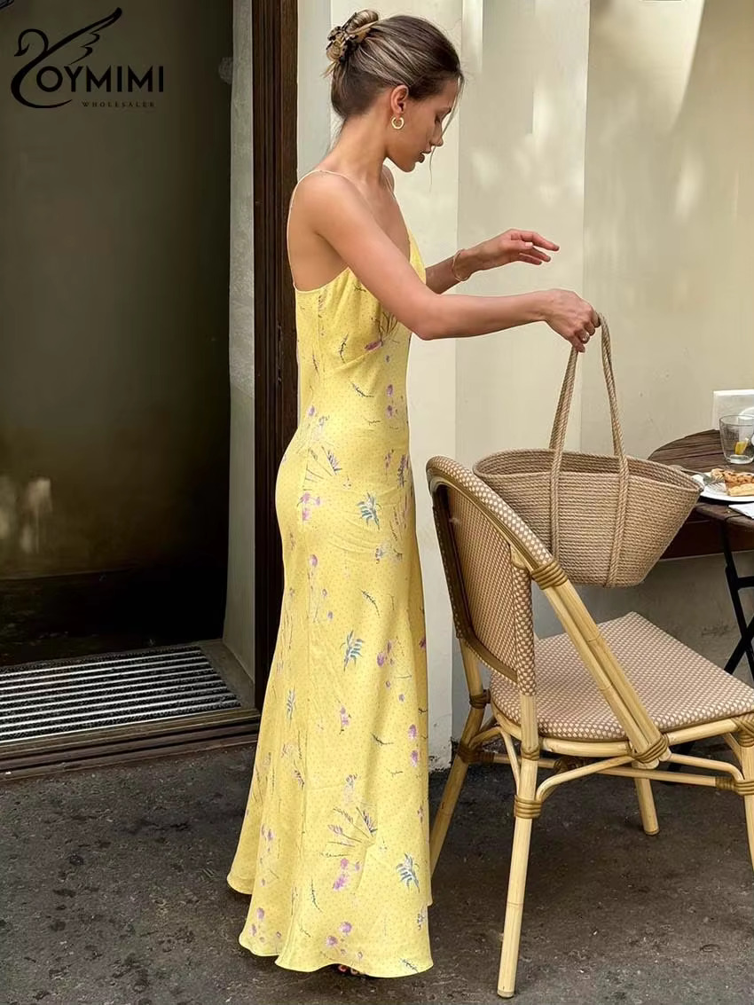 Oymimi Casual Yellow Print Women's Elegant Spaghetti Strap Open Back Dresses Autumn Fashion High Waist Ankle-Length Dress
