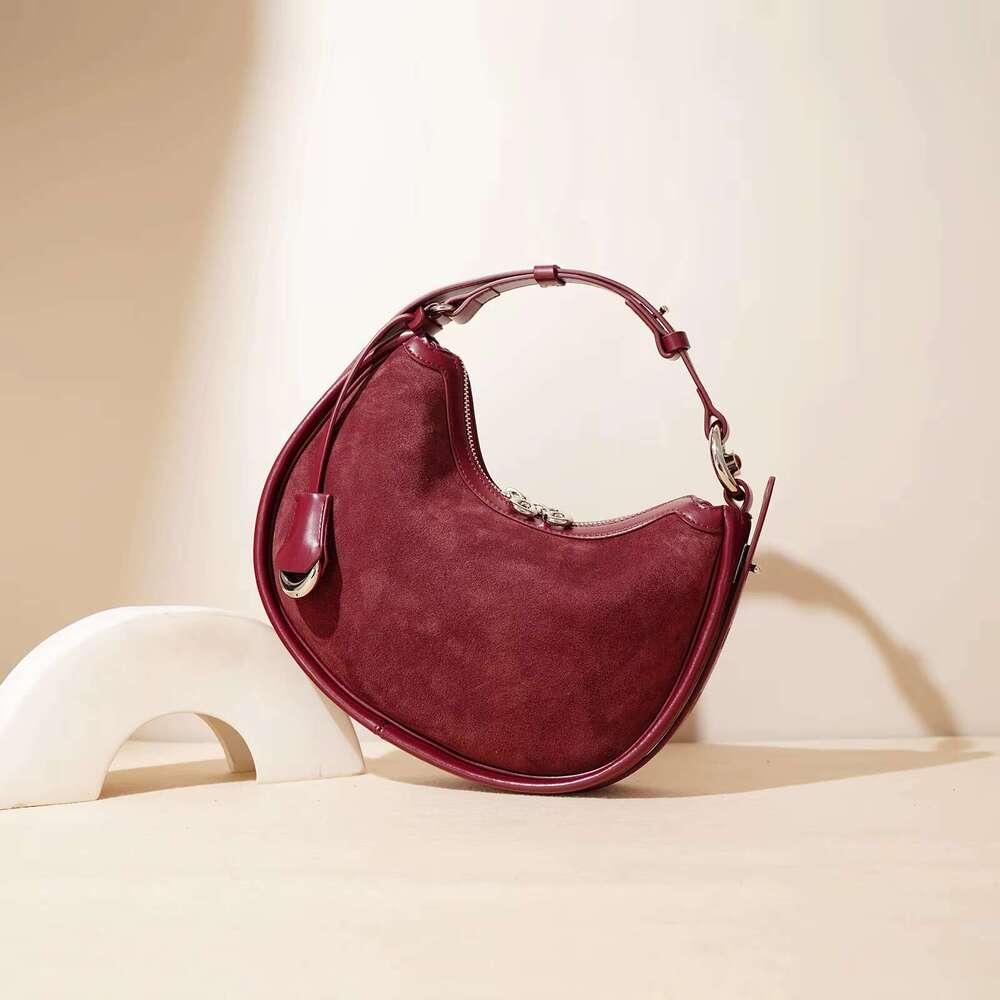 New Genuine Suede Frosted Leather Women's Handbag Shoulder Fashionable And Simple Crescent Bag Coffee