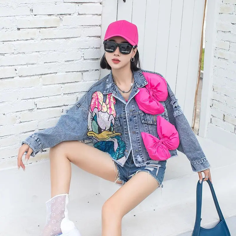 Cartoon Patch Embroidery Sequins 3D Bowtie Denim Coat Women Loose Jeans Bowknot Bomber Jacket Cardigan Streetwear Patch Tops 250213