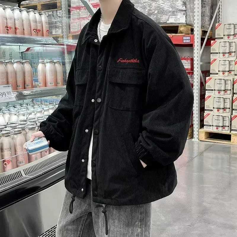 Autumn Corduroy Cargo Jacket For Men Y2K Vintage Embroidered Button Jacket 2024 New Casual Baggy Clothing Men Blouse Coats X250213